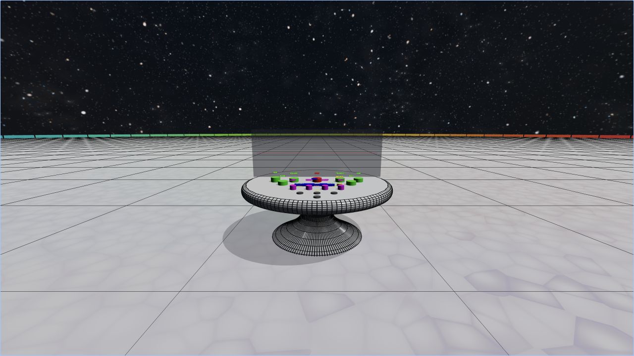 Fourier City scene with a circular control desk, waveform glass, and frequency-colored skyline.