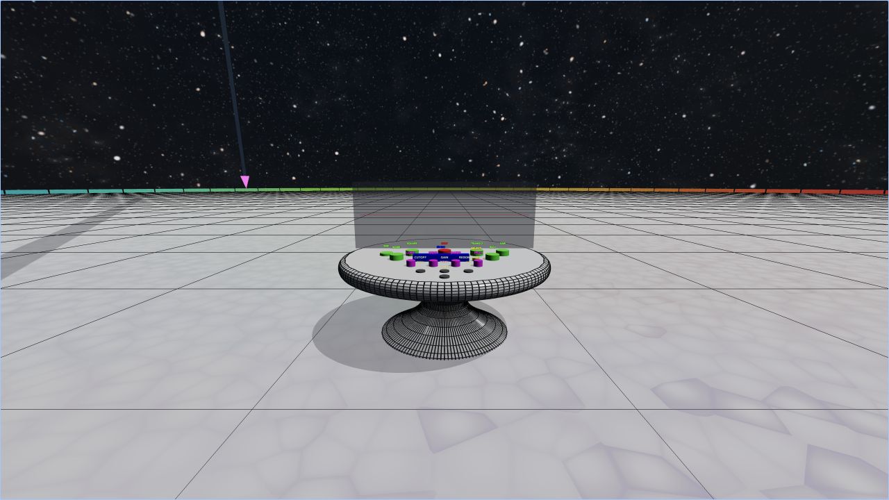 Fourier City robot arm reaching toward the skyline band selected by oscillator pitch.
